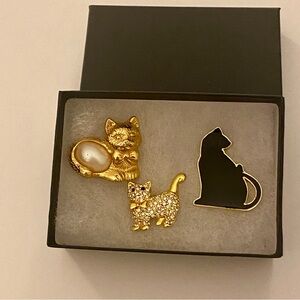 Kitty CAT Jewelry Brooch Pins Tie Tack AVON n Unmarked w Crystals Lot of 3